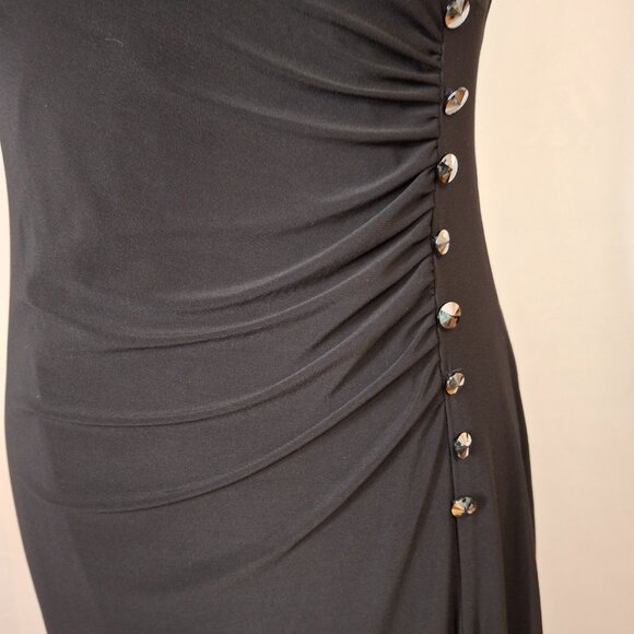 Slimming Black Cocktail Dress 14P Button Detail Deep Cowl Neck Drape MatteJersey - Picture 5 of 14